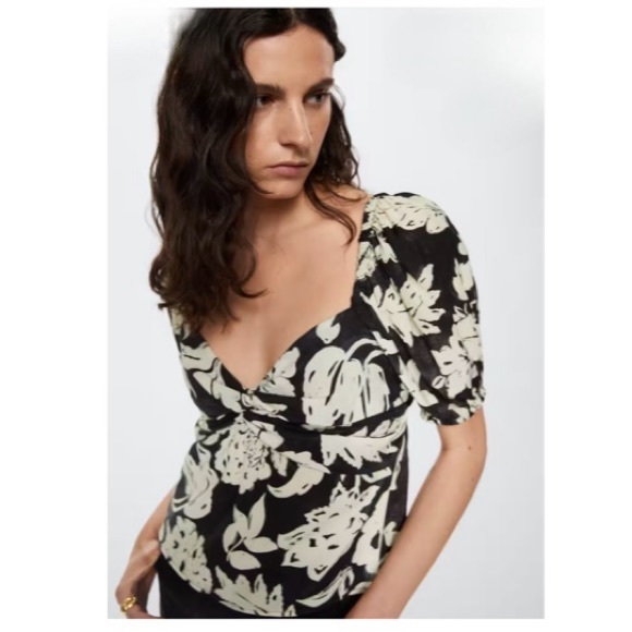 Mango black/ivory puff sleeve open back floral top - Picture 2 of 11